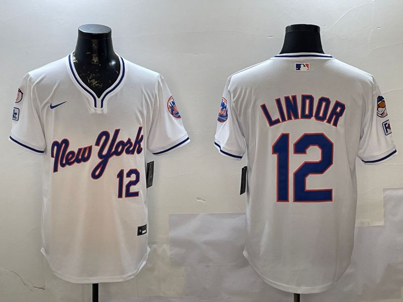 Men New York Mets 12 Lindor White Throwback Game Nike 2025 MLB Jersey style 2